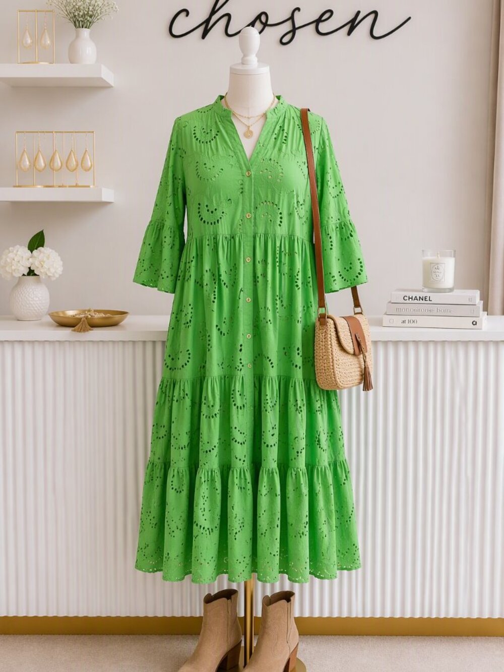 Bright Green Eyelet Maxi Dress Boho Tiered Button Front Dress - Picture 1 of 7